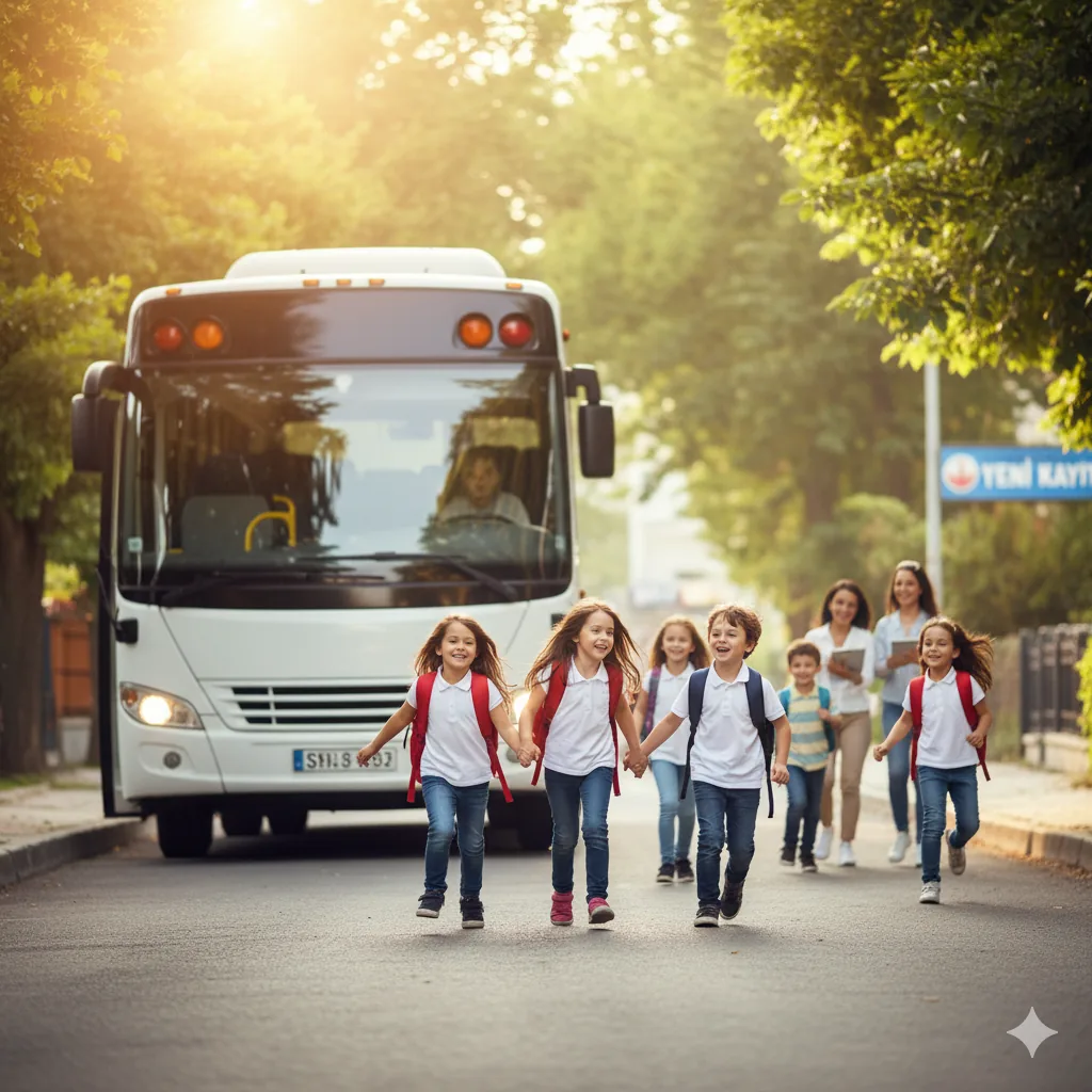Okul servisine doğru yürüyen öğrenciler